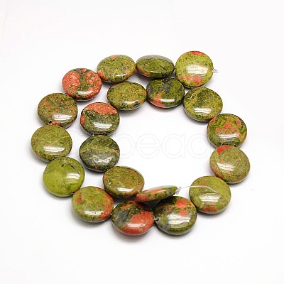 Natural Flat Round Unakite Beads Strands G-L246-13-1