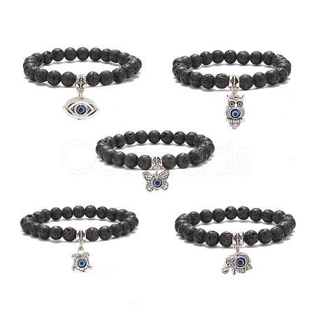Natural Lava Rock Round Beaded Stretch Bracelet BJEW-JB08221-1
