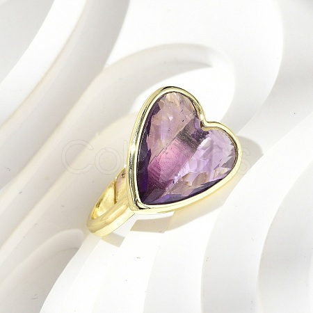 Heart Brass Natural Amethyst Finger Rings RJEW-D304-01G-A-1