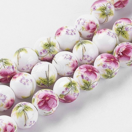 Handmade Flower Printed Porcelain Ceramic Beads Strands PORC-J006-A06-1