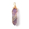 Natural Amethyst Double Terminated Pointed Pendants, with Golden Tone Copper Wire Wrapped, Faceted Bullet Charm, 41.5x9.5x8.5mm, Hole: 4x2.3mm