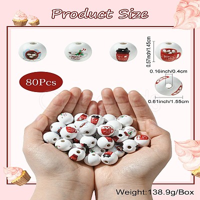 80Pcs 4 Styles Coffee Printed Wooden European Beads WOOD-CJ0001-82-1