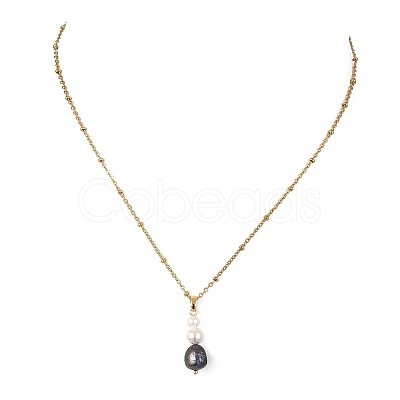 Ocean Natural Cultured Freshwater Pearl & Round Shell Pearl Beaded Pendant 304 Stainless Steel Satellite Chain Necklaces for Women NJEW-JN06039-1