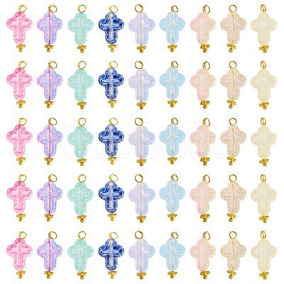 90Pcs 9 Colors Cross Transparent Spray Paint Glass Pendants PALLOY-TAC0169-1