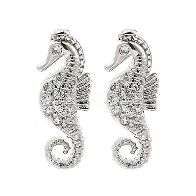Sea Horse Brass Micro Pave Cubic Zirconia Ear Studs EJEW-D304-38P-1