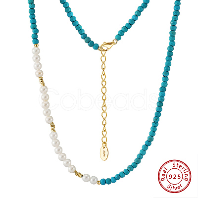 Faceted Round Natural Turquoise & Shell Pearl Beaded Necklaces NJEW-L125-005G-01-1