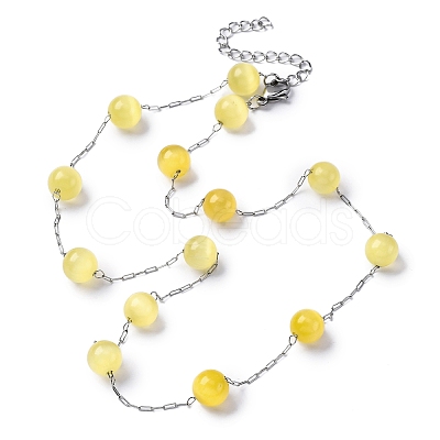 304 Stainless Steel Cat Eye Round Beads Handmade Chain Necklaces for Women NJEW-C073-01P-03-1