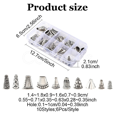 60Pcs 10 Styles Tibetan Style Alloy & Brass & CCB Plastic Bead Cones PALLOY-YW0003-28-1