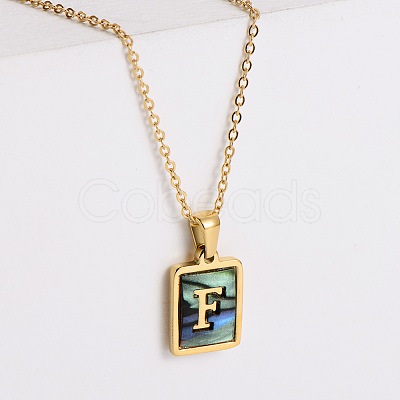 304 Stainless Steel Pave Natural Paua Shell Rectangle Initial Pendant Necklaces for Women FS-WG38E89-06-1