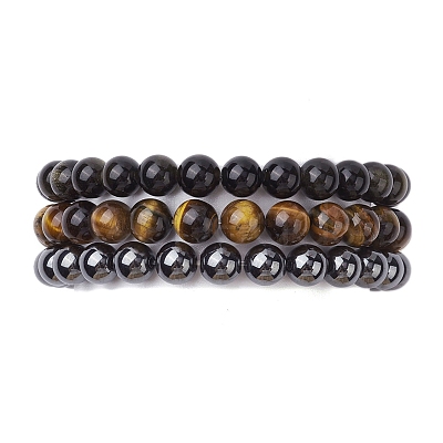 3Pcs 3 Styles Natural & Synthetic Mixed Gemstone Round Beaded Stretch Bracelets Set BJEW-JB10139-05-1