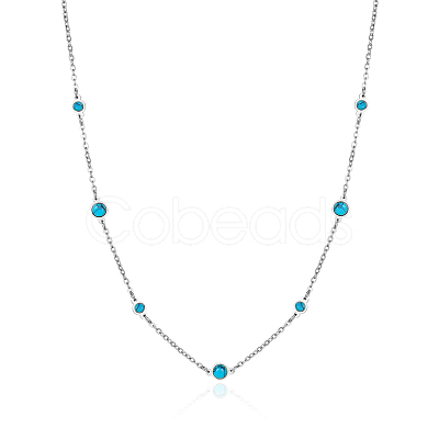 Vintage Synthetic Blue Turquoise 304 Stainless Steel Flat Round Link Chain Necklaces for Women QJ5506-1-1