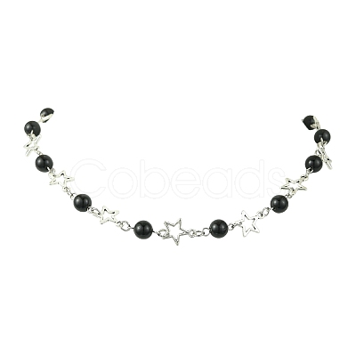 Star Alloy & Round Natural Eyeless Obsidian Link Chain Necklaces for Women NJEW-JN05135-1