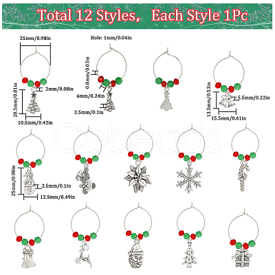 12Pcs Christmas Theme Tibetan Style Alloy & Glass Pendants Wine Glass Charms AJEW-SC0002-02-1