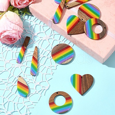 12Pcs 6 Styles Pride Rainbow Theme Resin & Walnut Wood Pendants WOOD-FS0001-32-1