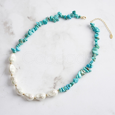 Natural Turquoise Chip & Nuggets Shell Pearl Beaded Necklaces NJEW-L125-007G-1