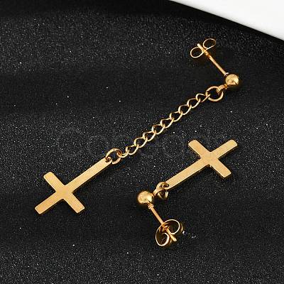 Christian Upside Down Cross 201 Stainless Steel Dangle Stud Earrings LS-EJEW-P314-01C-G-1