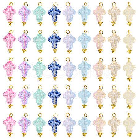 90Pcs 9 Colors Cross Transparent Spray Paint Glass Pendants PALLOY-TAC0169-1