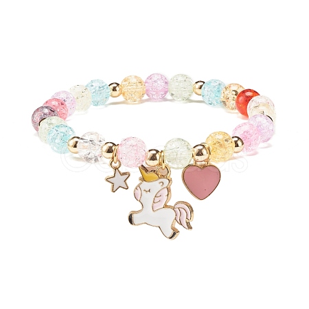 Candy Color Round Beaded Stretch Bracelet with Heart Unicorn Charm for Women BJEW-JB07636-04-1