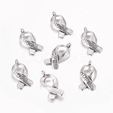 Breast Cancer Awareness Ribbon Carved Word Hope Tibetan Style Alloy Message Pendants TIBEP-S278-AS-LF-1