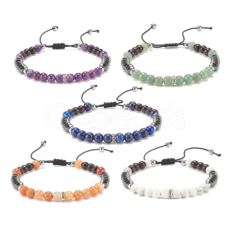 Natural Gemstone & Synthetic Hematite Braided Bead Bracelet for Women BJEW-JB08181-1