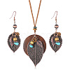 Iron & Wood & Suede Cord Pendant Necklaces & Dangle Earrings Sets FS-WGBCDFB-01-1