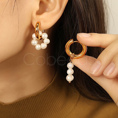 304 Stainless Steel & Freshwater Pearl Asymmetric Hoop Earrings EJEW-S254-01G-1