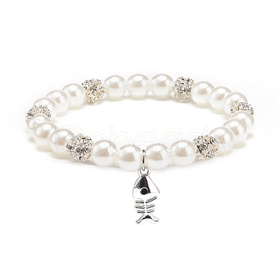 ABS Plastic Imitation Pearl & Rhinestone Beaded Stretch Bracelet with Alloy Charm for Women BJEW-JB08526-04-1