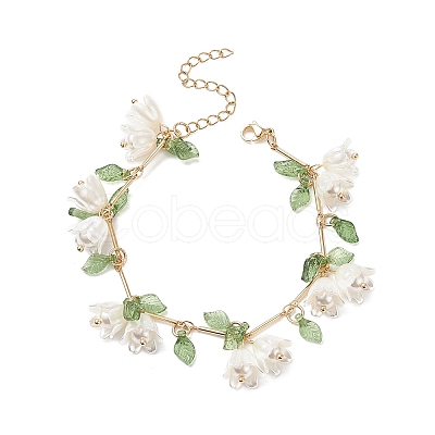 Shell Pearl Flower with Leaf Charm Bracelet with Bar Link Chains BJEW-TA00215-1