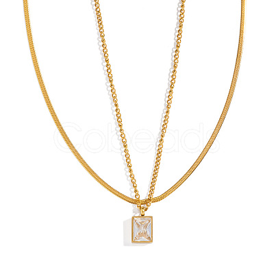 European Style Stainless Steel Pave Clear Cubic Zirconia Rectangle Pendant Snake Chain Double Layered Necklaces for Women ND1910-1