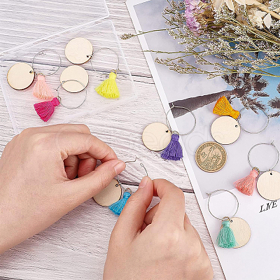 24Pcs 8 Colors Flat Round Wood & Tassel Dangle Wine Glass Charms AJEW-BC0003-13-1