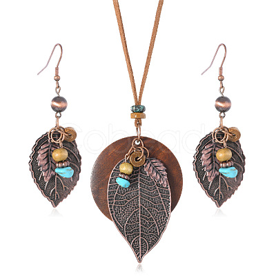 Iron & Wood & Suede Cord Pendant Necklaces & Dangle Earrings Sets FS-WGBCDFB-01-1