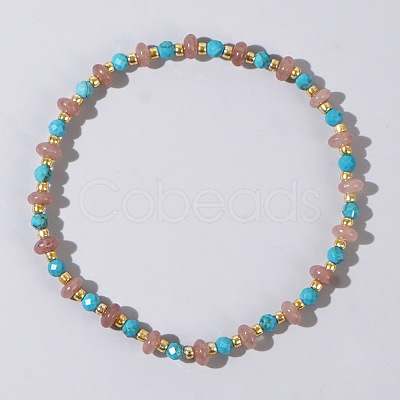 Beach Vacation Style Natuarl Strawberry Quartz & Synthetic Turquoise Beaded Stretch Bracelet Women RO9590-6-1