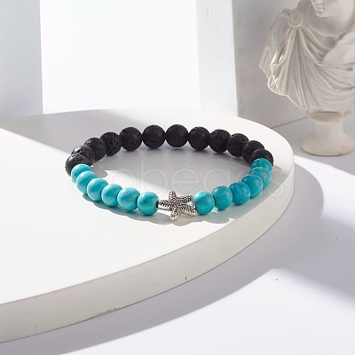 Round Synthetic Turquoise & Natural Lava Rock Stretch Bracelet BJEW-JB07470-05-1