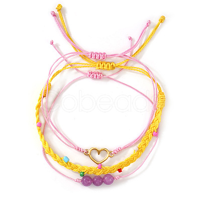 3Pcs 3 Styles Natural Amethyst & Glass Round Beads Braided Bead Bracelets & Stainless Steel Heart Link Bracelets LB7339-2-1