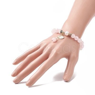 Natural Rose Quartz & Pearl Stretch Bracelet BJEW-JB09224-01-1