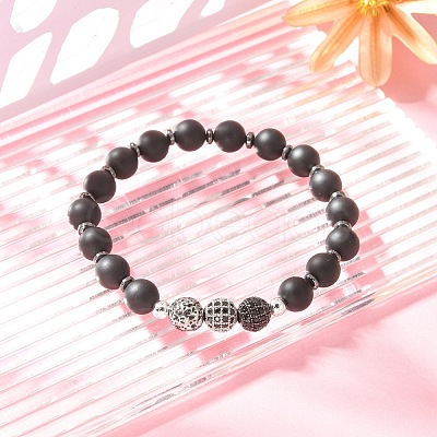 Natural Black Agate & Synthetic Hematite & Cubic Zirconia Round Beaded Stretch Bracelet BJEW-JB09442-1