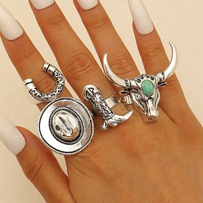 4Pcs Synthetic Turquoise Cuff Open Rings RJEW-P179-03AS-1