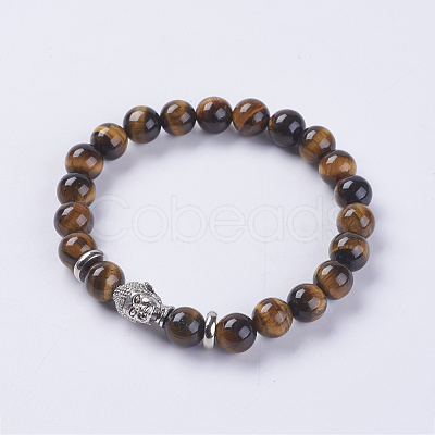 Natural Tiger Eye Beads Stretch Bracelets BJEW-E325-D19-1