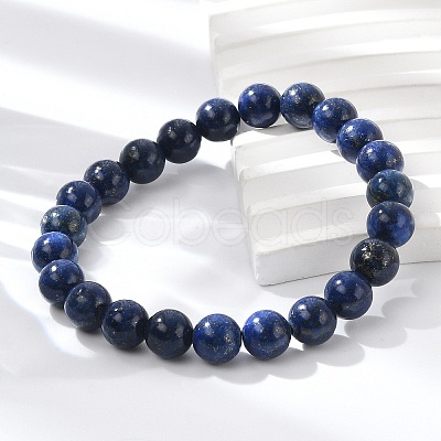 Natural Lapis Lazuli Beaded Stretch Bracelet X-BJEW-F203-06-1