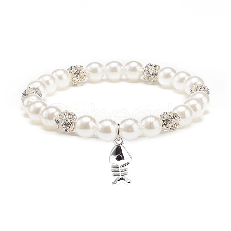 ABS Plastic Imitation Pearl  & Rhinestone Beaded Stretch Bracelet with Alloy Charm for Women BJEW-JB08526-04-1
