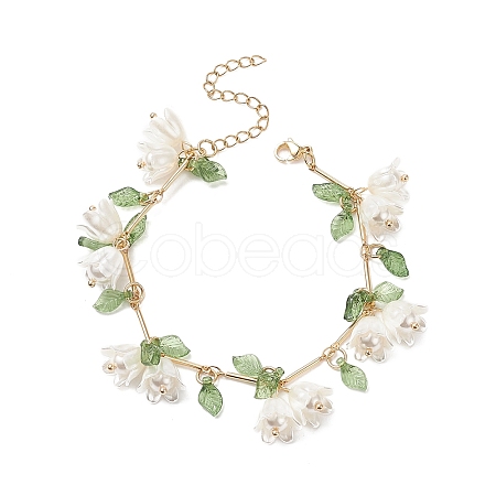 Shell Pearl Flower with Leaf Charm Bracelet with Bar Link Chains BJEW-TA00215-1