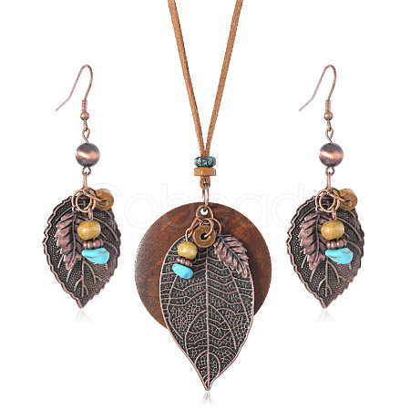 Iron & Wood & Suede Cord Pendant Necklaces & Dangle Earrings Sets FS-WGBCDFB-01-1