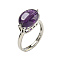 Oval Natural Amethyst Adjustable Rings, Platinum Plated Brass Ring for Unisex, Purple, Inner Diameter: 17mm