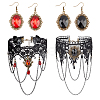 Resin Oval Pendant Dangle Earrings and Lace Choker Necklaces AJEW-PH0004-17-1