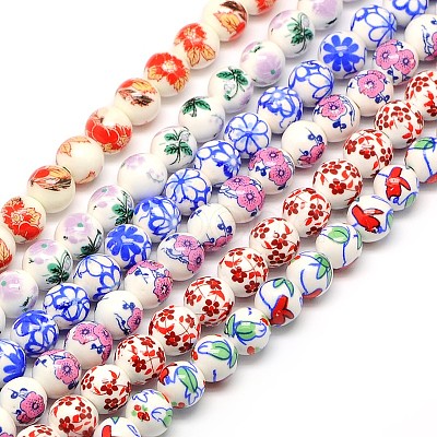 Handmade Flower Printed Porcelain Ceramic Beads Strands PORC-M006-8mm-M-1