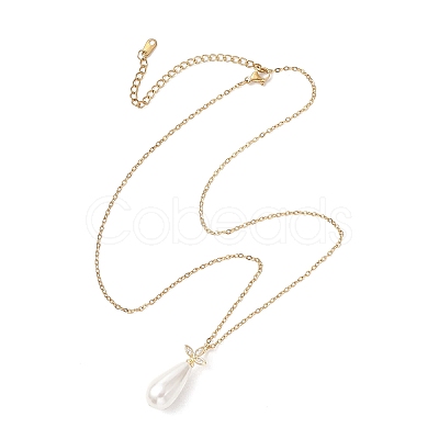 White Teardrop Shell Pearl Pendant 304 Stainless Steel Cable Chain Necklaces for Women NJEW-JN05968-1