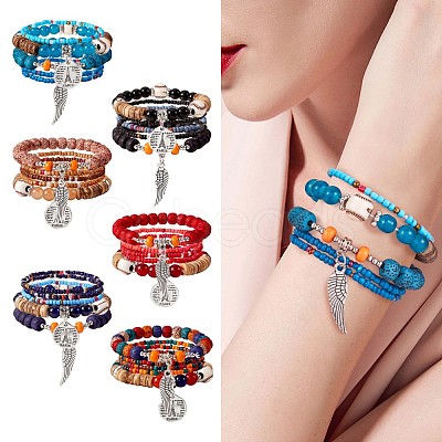 5Pcs 5 Style Wood & Glass Seed & Acrylic Beaded Stretch Bracelets Set with Baseball JB709F-1