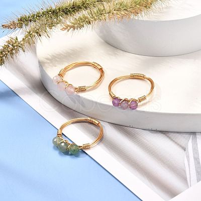 Copper Wire Wrapped Natural Gemstone Braided Bead Rings for Women RJEW-JR00393-1