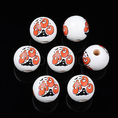 Halloween Printed Natural Wood Beads WOOD-S057-083-1