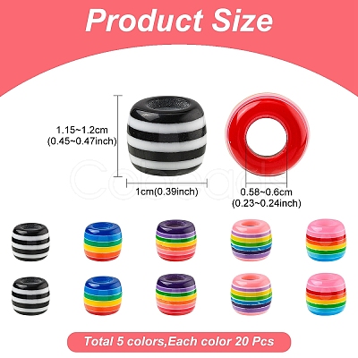 100Pcs 5 Colors Stripe Resin European Barrel Beads RESI-YW0005-69-1